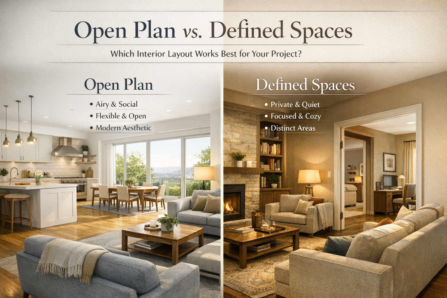 Open plan living space compared to defined room layout in a modern interior design project